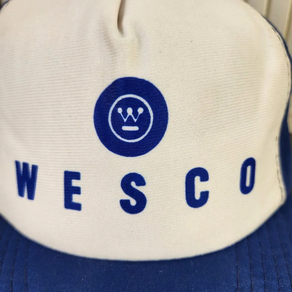 VINTAGE Wesco Foam Trucker Hat Cap White Blue Snapback Young An 80s 90s Farmer